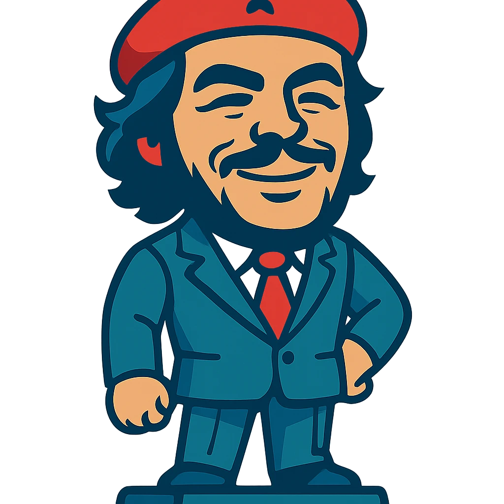 statuette of Che Guevara in a suit and tie, big head, confident smile emoji
