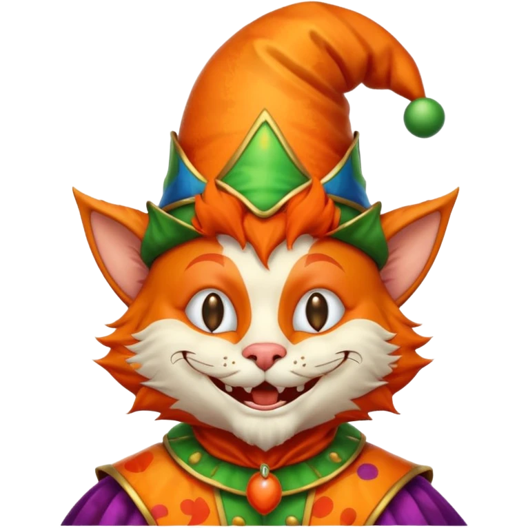 crazy funny colorful cat jolly joker, medieval, vintage, court jester, mac os icon, orange color emoji