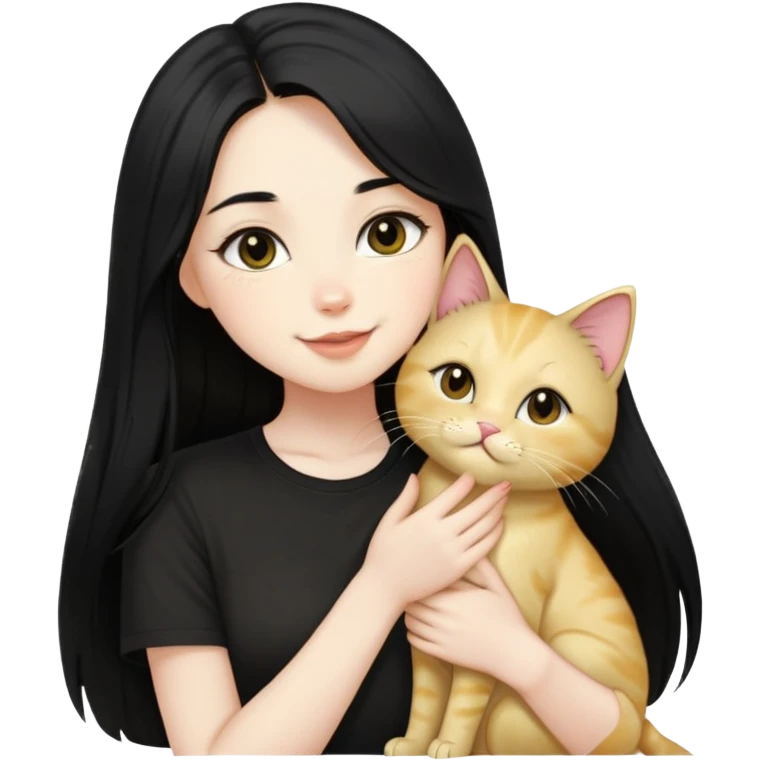 pale girl  with dark eyes and long black hair wearing black shirt kissing light gold cat holding smiling  emoji