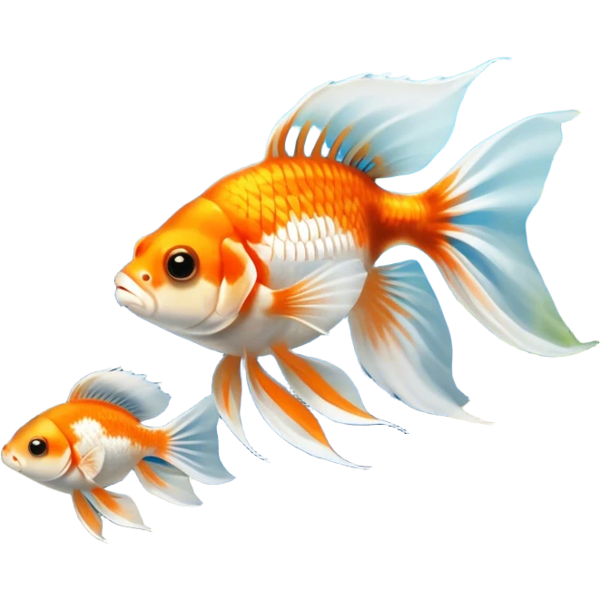 Large aquarium fish like veil tails and lionhead goldfish swimming gracefully in a beautifully decorated aquarium. Colorful aquatic plants, smooth rocks, and gentle bubbles surround the fish. The water shimmers in sunlight, creating a peaceful and vibrant underwater scene. Transparent background. emoji