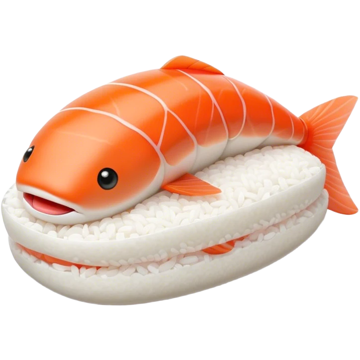 Cute Kawaii Nigiri Sushi, plump and happy, a soft white rice pillow topped with bright orange salmon, tiny blushing cheeks, big round eyes, a joyful floating expression! emoji