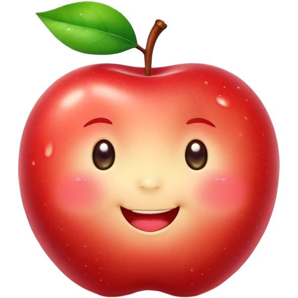 Cute Kawaii Apple, round and plump, bright shiny red with a tiny green leaf, chubby cheeks, sparkling eyes, a happy smile, soft glowing highlights, radiating fresh sweetness! emoji