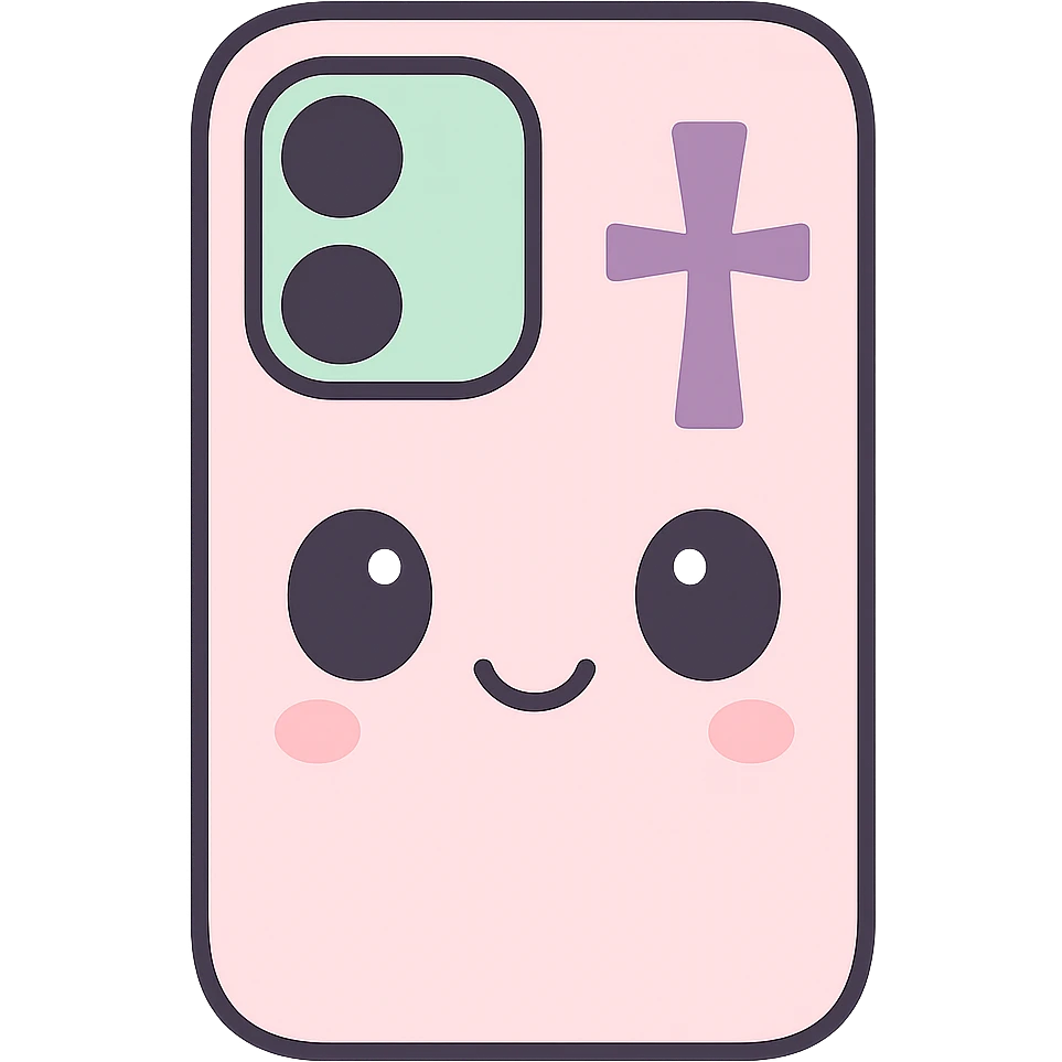 Make the white and black gothic kawaii phone case more minimal, reduce details, keep only one or two simple gothic symbols, big eyes, smiling, playful, cartoonish, no purse references, with no background. emoji