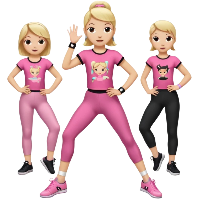Hiphop dancer, with cute big pants, sneakers, and t-shirt. White girl blond. Coloufull shirt. No pocket pants. Dancing. Pink and black plain outfit. No sweatbands on the wrist, black music box behind her. Ballerina pose. with dancing kids behind her. With a music box emoji