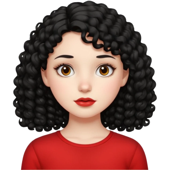 Side part black curly hair girl with mole above left side of lip pale skin red top emoji