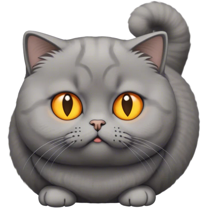 The photo shows a cat with a dense physique, short plush gray wool. His tail is fluffy and slightly darker than the rest of the wool. The cat has large round eyes of rich yellow-orange color, which give it an expressive and slightly surprised look. The ears are small and curved forward - this is a characteristic feature of the Scottish lop-eared breed. This cat looks at emojis condemningly emoji