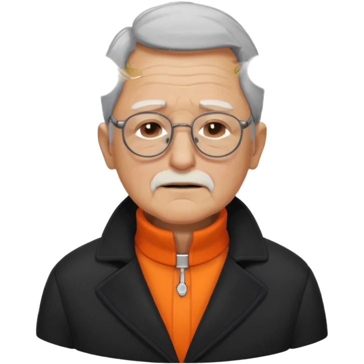 old man with orange high collar shirt and a thick coat wearing glass while closing his eyes emoji