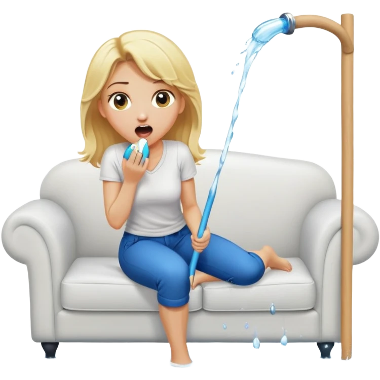 simple blond woman kneeling, surprised, big cartoon stick with D-shaped knob emerging from hanging pants, water splash into her mouth, white sofa in the background emoji