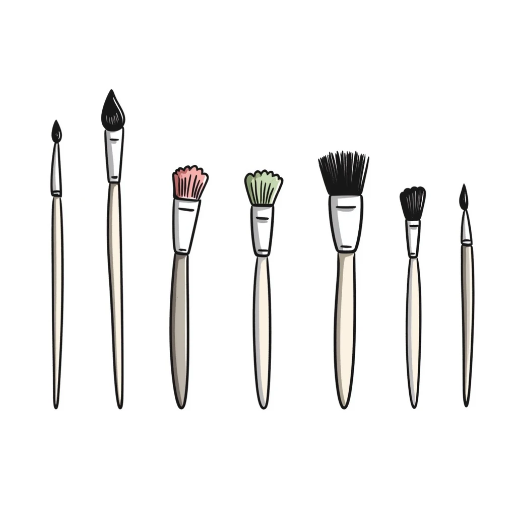 Set of artist paintbrushes in different sizes and shapes with wooden handles and colorful bristles. Using specific pastel colors (dd9fb0, ffc6d3, a3bfc9, c4bee2, f1b091). Hand-drawn doodle style with intricate details. Some brushes have paint on their tips. Transparent background. emoji