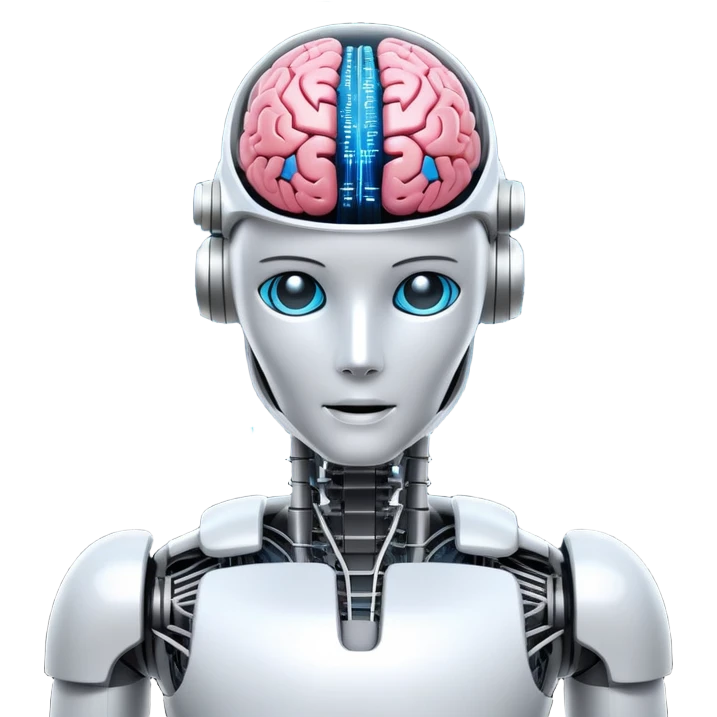 An icon featuring a humanoid robot, a neural network diagram, and a glowing brain, symbolizing artificial intelligence. The design includes binary code, a microchip, and data flow lines, representing machine learning, automation, and innovation. Transparent background emoji