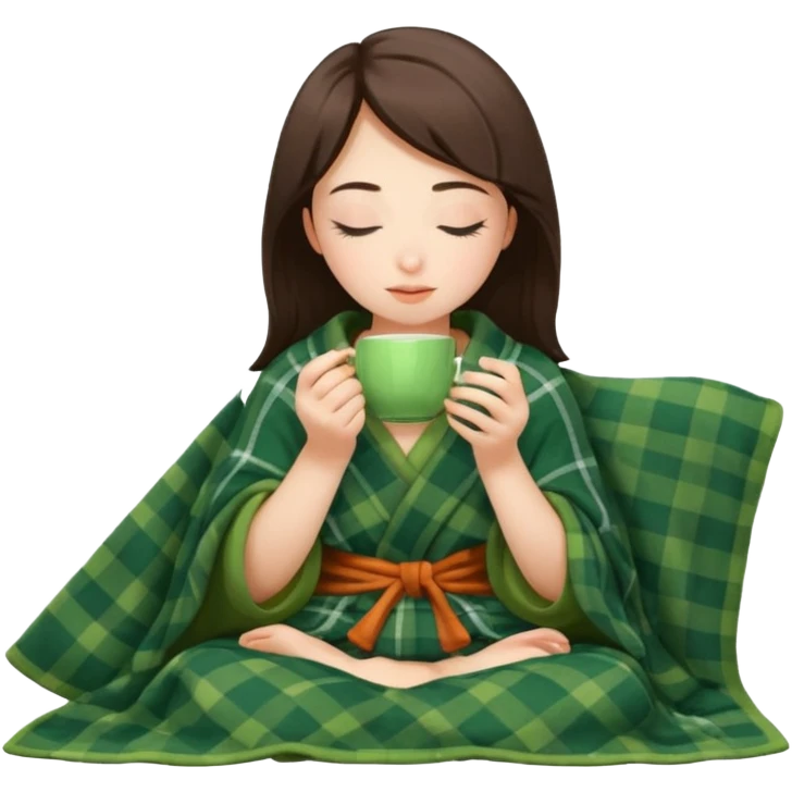 Девушка в клеточном под одеяле  сидит и пьёт с закрытыми глазами зеленый ароматный чай  emoji
