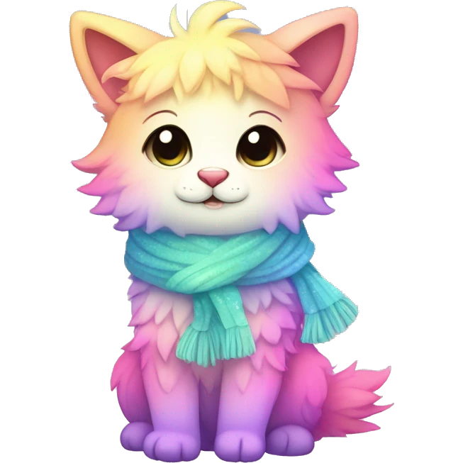 Edgy Kawaii cute gorgeous colorful sparkly bright light pastel gradient fantasy ethereal fluffy fursona animal creature with a cute scarf full body emoji