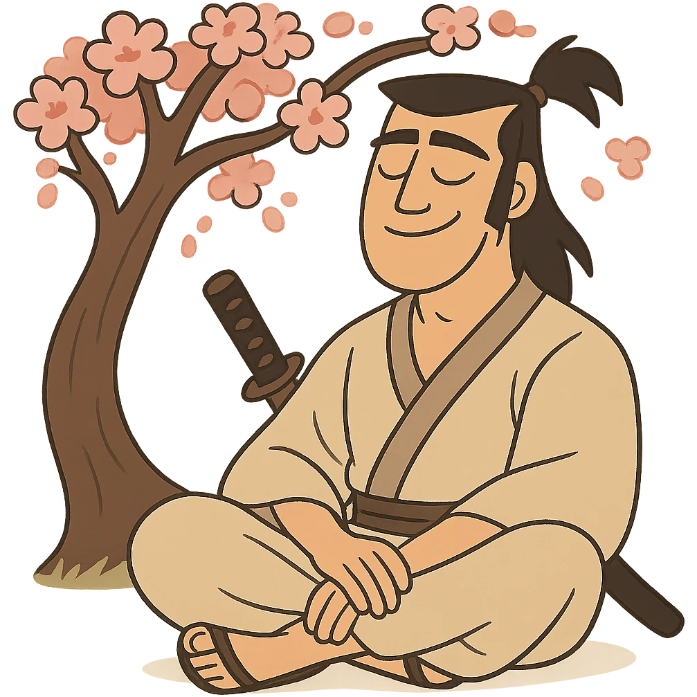 chill samurai, sitting under cherry blossom, peaceful, gentle smile, stylized illustration emoji