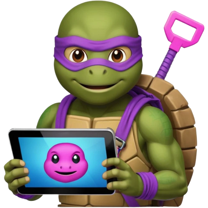Donatello from Teenage Mutant Ninja Turtles, emoji style, with a tablet showing a hacking screen and a tech accessory, with a pink hacking interface on the screen emoji