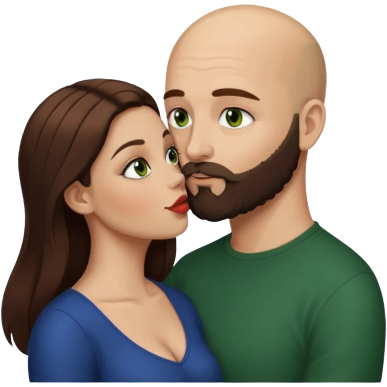 Man beard bald white dark green eyes, woman medium hair brown brown eyed latina kissing emoji