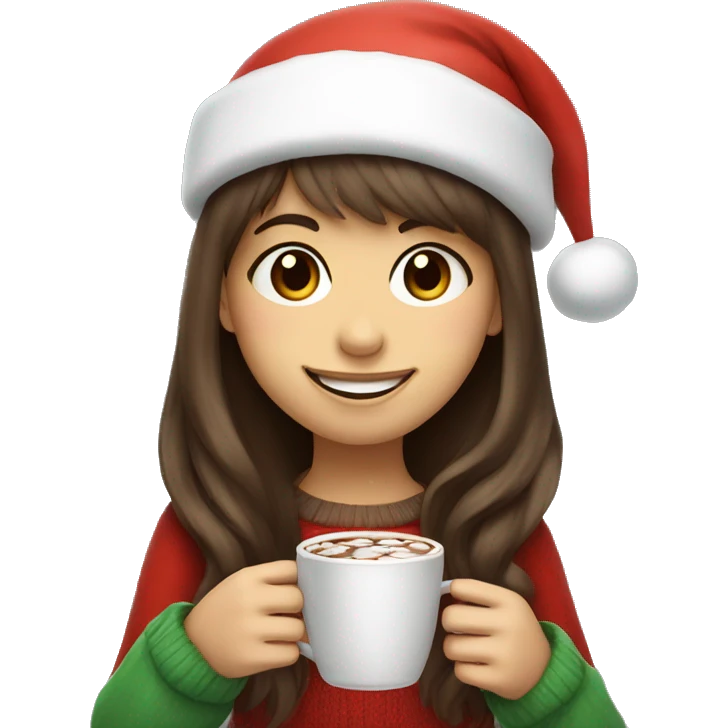 Smiling girl with long brown hair wispy bangs wearing a Santa hat and holding hot chocolate  emoji
