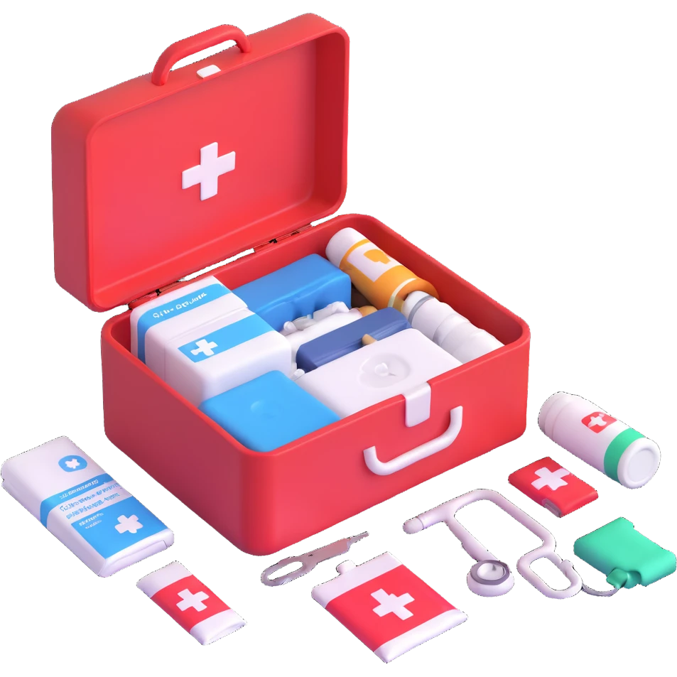 emergency first aid kit box open with medical supplies emoji