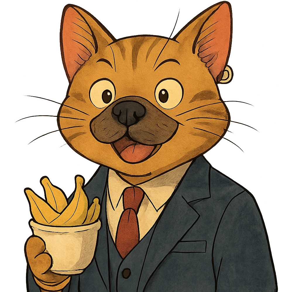 ghibli style cat with a dog nose, wearing a suit, earring, holding a cup of bananas, playful expression emoji