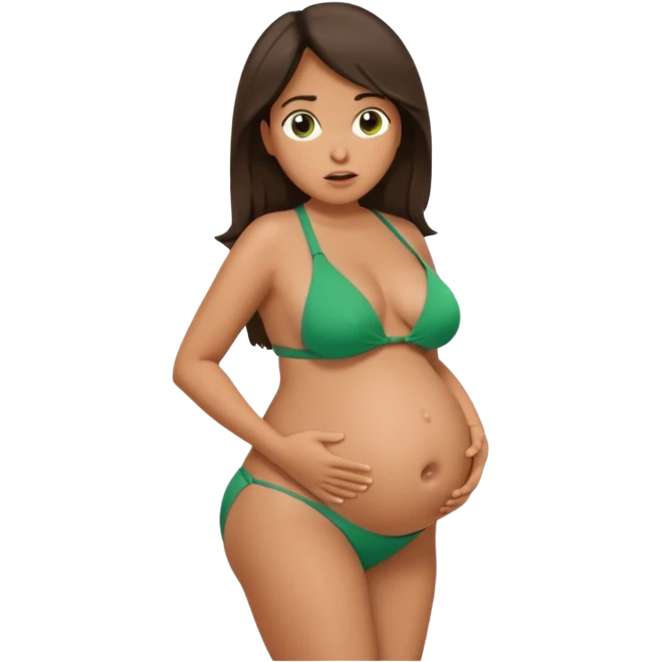 Latina girl, tan skin, pregnant, green bikini, shocked face, shrugging shoulders, huge belly, side view emoji
