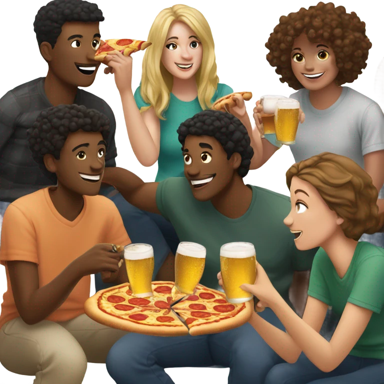 A handful of white English Columbia college students eating pizza downtown and enjoying beer  emoji