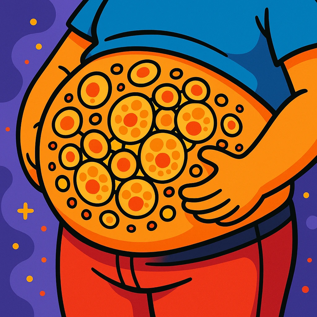 belly with adipose tissue, cartoon style, stylized visible adipocytes, playful atmosphere emoji
