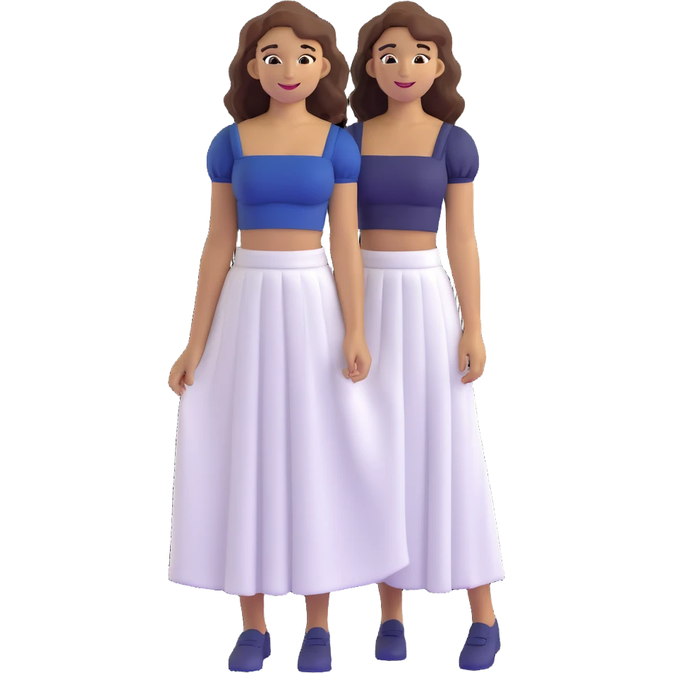 tan girl with wavy hair, white long skirt, navy blue ruched square neck crop top, smiling, standing pose emoji