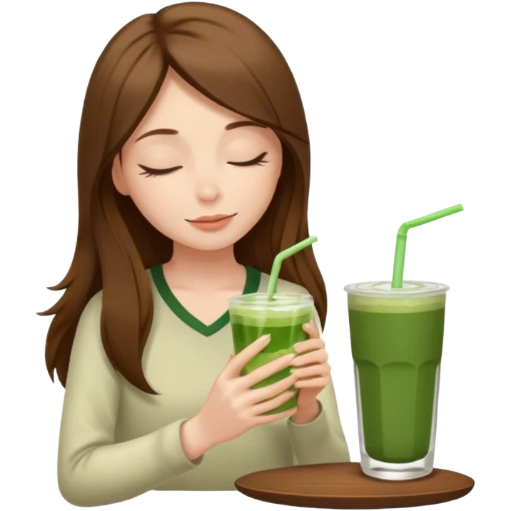 White girl with long brown hair eyes closed enjoying matcha drink  emoji
