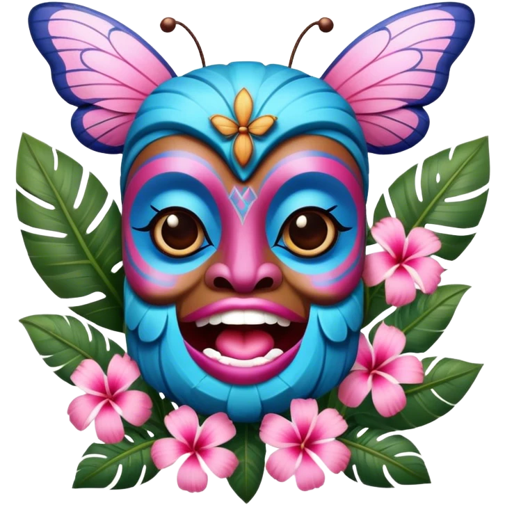 Pixar style little Blue and pink tiki singing with a butterfly and tropical flowers, ultra detailed and lifelike imagery, realistic emoji