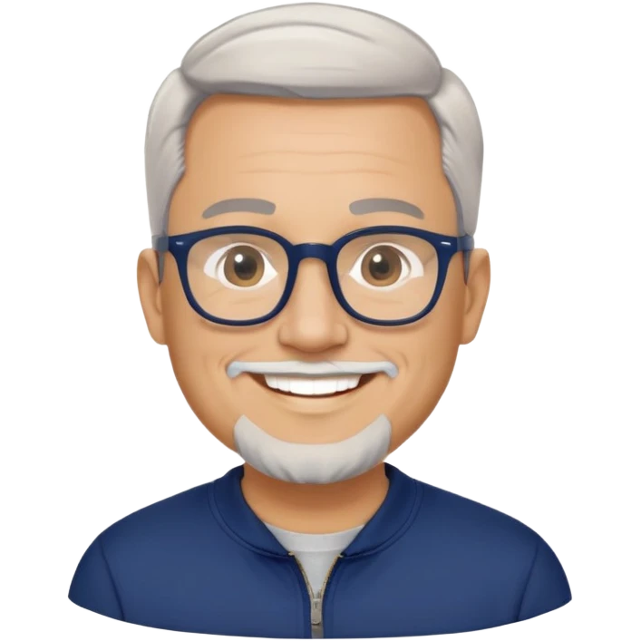 Light-skinned wider-built man with oval face, very close-cut hair (shorter on top, skin fade), short graying beard, big black glasses frames, happy smile, navy blue zip-up sweatshirt with long sleeves emoji