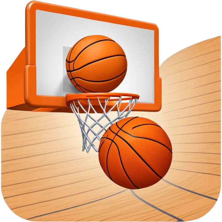 A close-up shot of a basketball entering the hoop, with the ball swishing through and inside  the basket. The background features a blurred basketball court, emphasizing the perfect shot and the excitement of the game. emoji