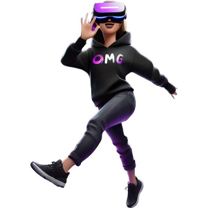 Russian girl wearing black hoody with violet letters "OMG", in vr headset oculus quest2. jumping. Cyberpunk style. Violet neon. emoji