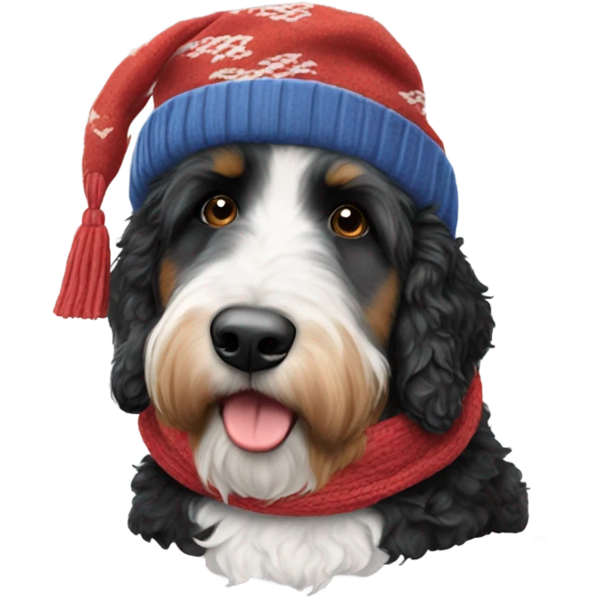 Bernedoodle with knoxville smokies hat and scarf emoji