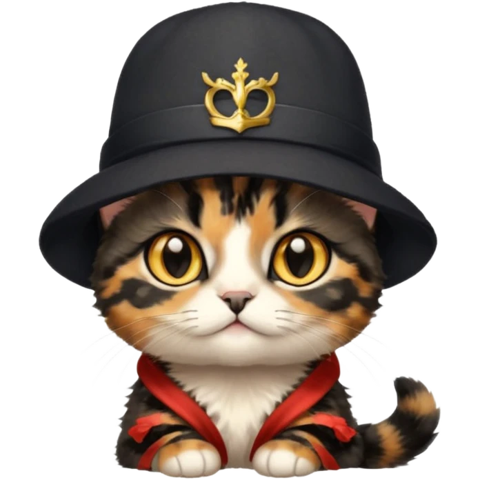Cute black tortoiseshell kitten wearing a british hat, golden eyes emoji