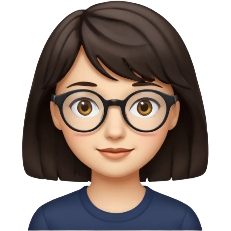 Koyu renk, dağınık dalgalı saçlı, kısa kahküllü, yuvarlak gözlüklü ve büyük kahverengi gözlü bir genç kadının yüzünü gösteren emoji tarzı illüstrasyon. Hafif bir gülümseme veya tatlı bir sırıtış ifadesi var. Cilt tonu açık. emoji