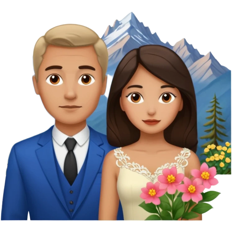 Couple traveling in Montenegro russian man and elegant  Latina girl delicate flowers and mountains in the background  emoji