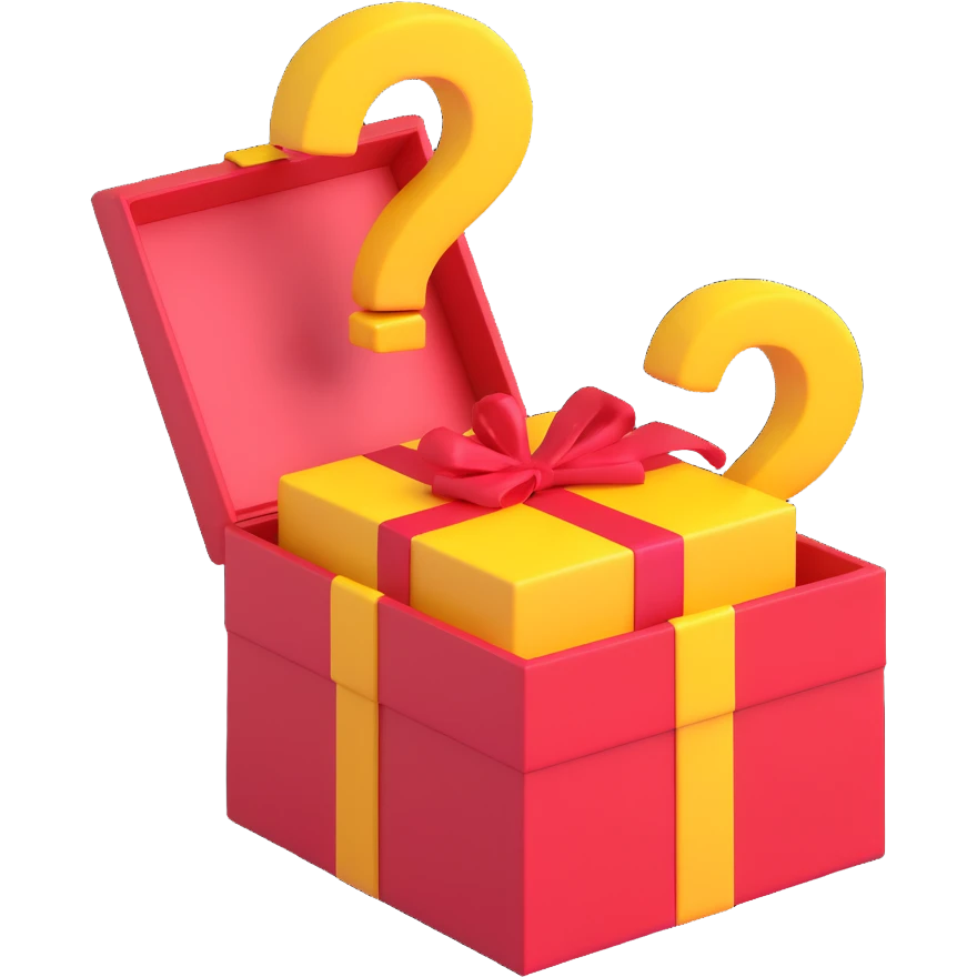 opened gift box with a question mark inside, 3d emoji style emoji