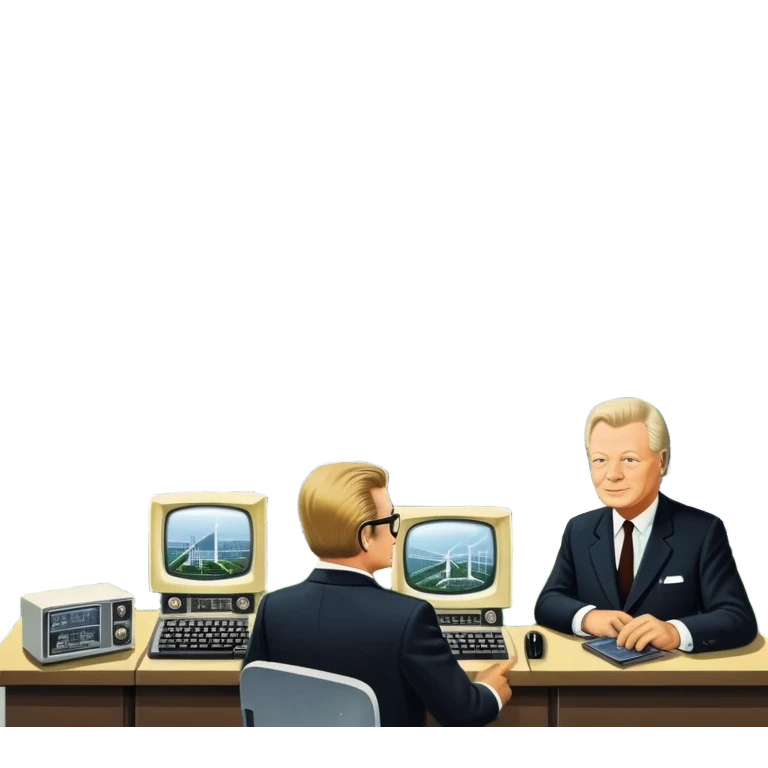 modernization scene in Germany late 1960s to 1970s with modern factories, computers, solar panels, people from industry, science, and society, gears, lightbulb, autobahn, small portraits or silhouettes of Willy Brandt and Helmut Schmidt, optimistic atmosphere emoji