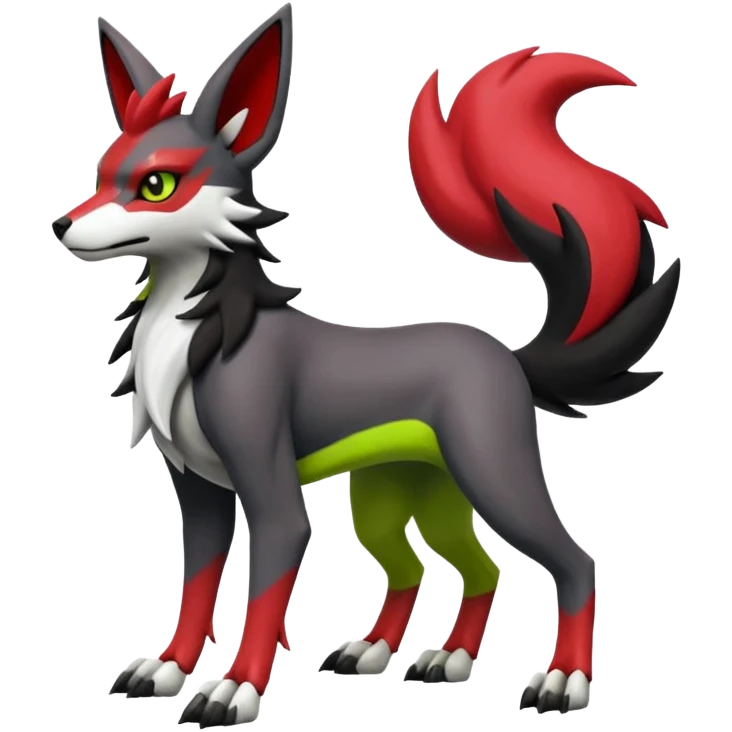 Hyper realistic skeletal black and neon green and neon yellow Zangoose-Lycanroc-Zorua-Litten-Houndoom-Fakémon-Pokémon-Digimon-hybrid-fusion (full body) emoji