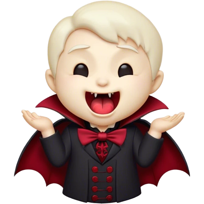 Cinematic Cute Yawning Vampire Portrait Emoji, with a small, rounded, charming pale face accented with tiny playful fangs and droopy, half-closed eyes, head tilted in an adorable wide yawn, dressed in miniature elegant dark attire with a hint of crimson, simplified yet irresistibly endearing, highly detailed with a soft, mysterious glow and gentle outline that captures the cute, drowsy side of an immortal! emoji