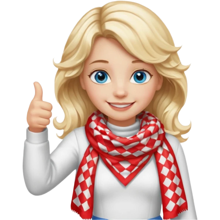 Blonde Girl Model, Blue Eyes, wavy hair, smiling, thumbs up, wearing red Checkered Triangle scarf, white dress emoji