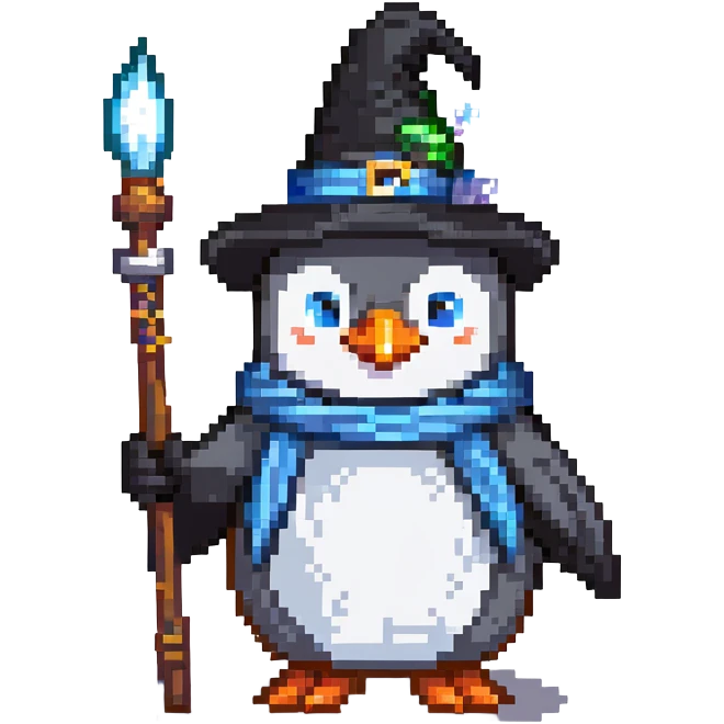 penguin wizard with pointy hat and staff emoji