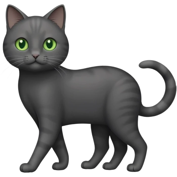 full body solid dark grey cat with green eyes, white paws and white whiskers walking emoji
