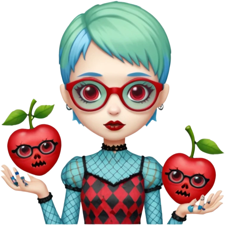 Ghoulia yelps monster high doll in scene/emo style cherry print dress with fishnet sleeves, clothes, thin, small, red, rectangle glasses, pale white-blue skin, pale-green pixie-cut, zombie scars , boy emoji