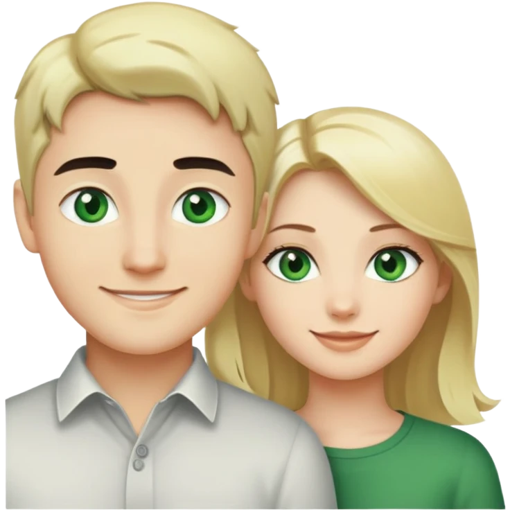 Smiling couple of blonde girl with green eyes and boy with fair skin and black hair and green eyes  emoji
