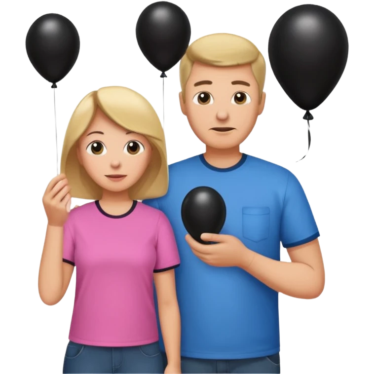 Mom in pink shirt dad in blue shirt holding black baloon emoji