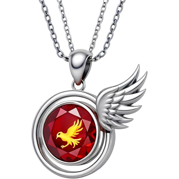 phoenix-inspired ruby pendant, deep red core with yellow ember edges, floating silver chain emoji