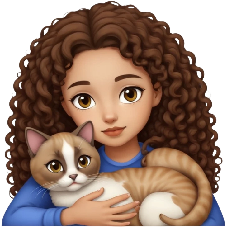 lightskin curly hair dark eyes girl snuggling with siamese cat emoji