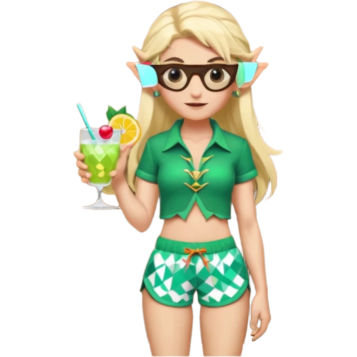 elf female legolas portrait, patterned board shorts (geometric/abstract), unique wooden-framed sunglasses, undercut hairstyle, slight smirk, visible pointy ears, no background, centered emoji, hipster summer vibe coctails emoji