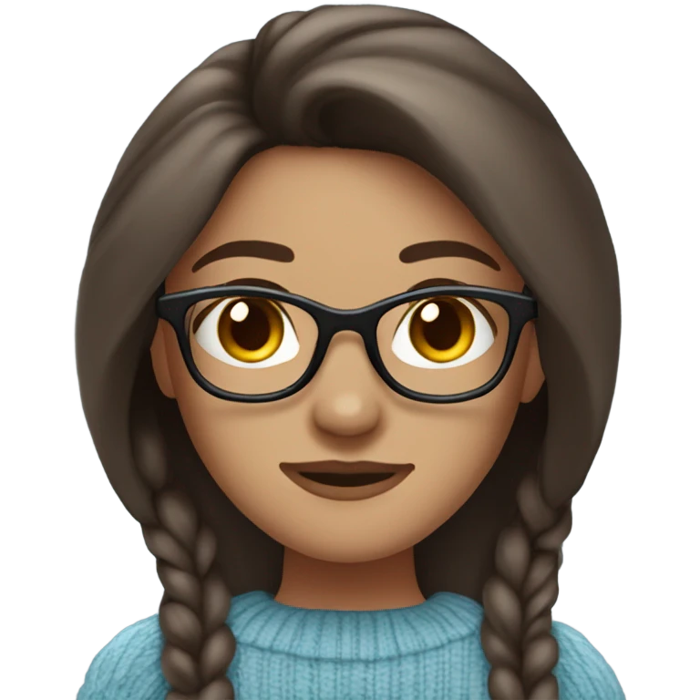woman, white light skin, long straight dark brown hair, light blue eyes, dark red sweater, glasses, emoji