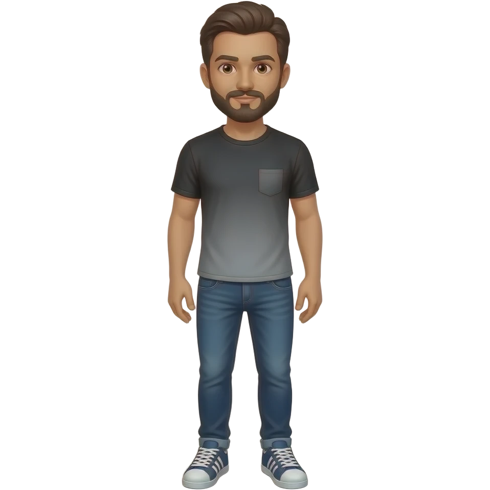 standing male, medium skin tone, very dark brown hair, short beard with fullish coverage on face, and mustache, standing, wearing classy jeans, a faded black / gunmetal gray t-shirt (no pocket,and jeans and nice adidas shoes (the flatter style) with a cool color combination on the shoes emoji